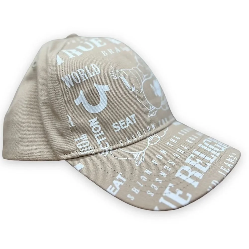 True Religion Buddha Trucker Hat Tan‎ All Over Print Cap Logo Snapback